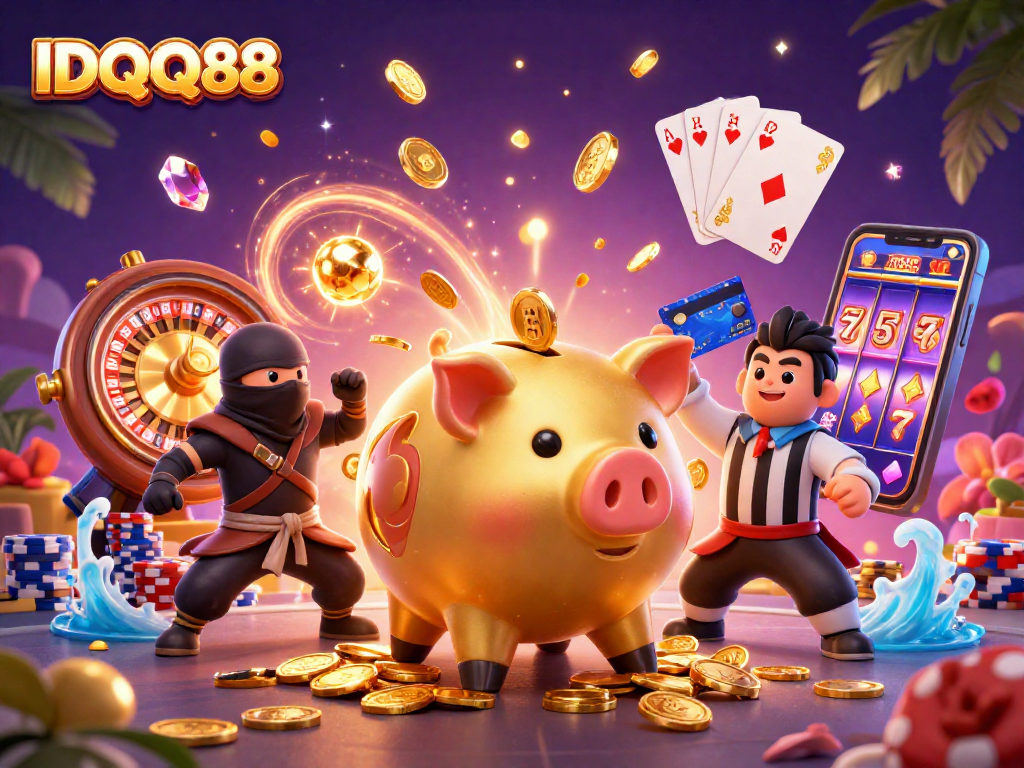 Unleash the excitement with IDQQ88 featuring a golden piggy bank wrestler amidst coins and gems.
