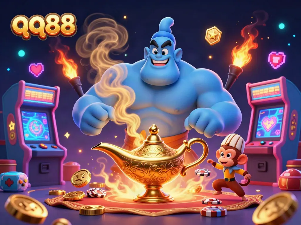 Experience the excitement of qq88 with a 3D genie and poker chips in a vibrant casino scene.
