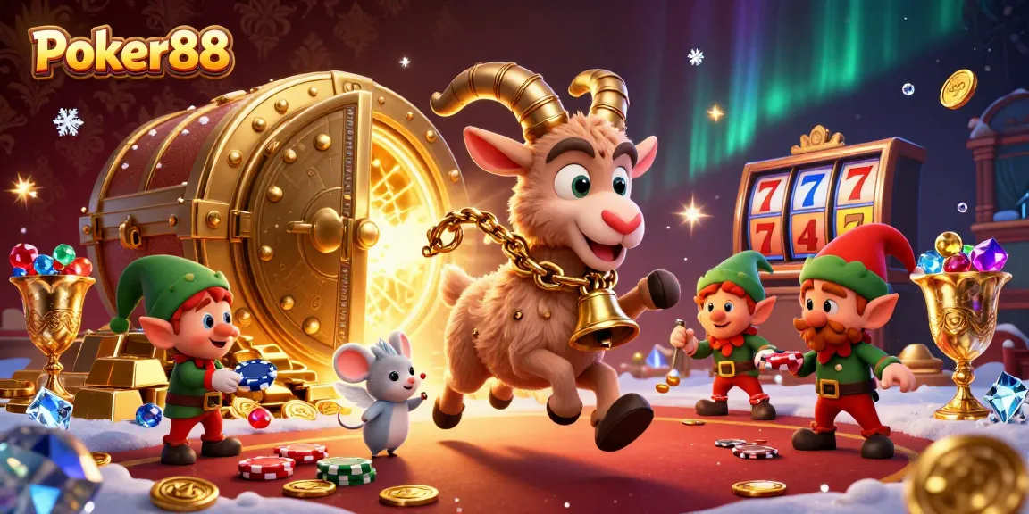 Engage in festive play at Poker88 with a vibrant casino scene featuring characters and treasures.