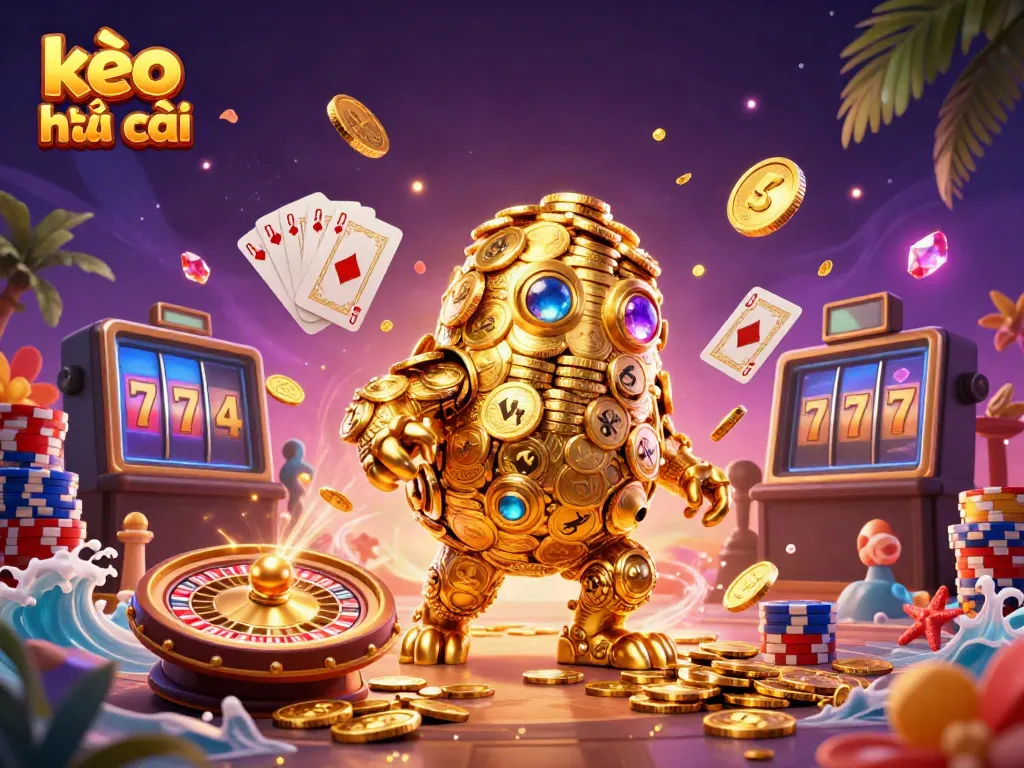 Experience the excitement of kèo nhà cái 5 with a dynamic scene featuring a golden golem and casino elements.