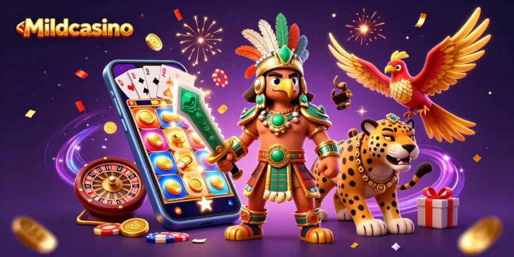 Mildcasino slots experience featuring vibrant Aztec warrior characters and dynamic gaming elements for exhilarating play.