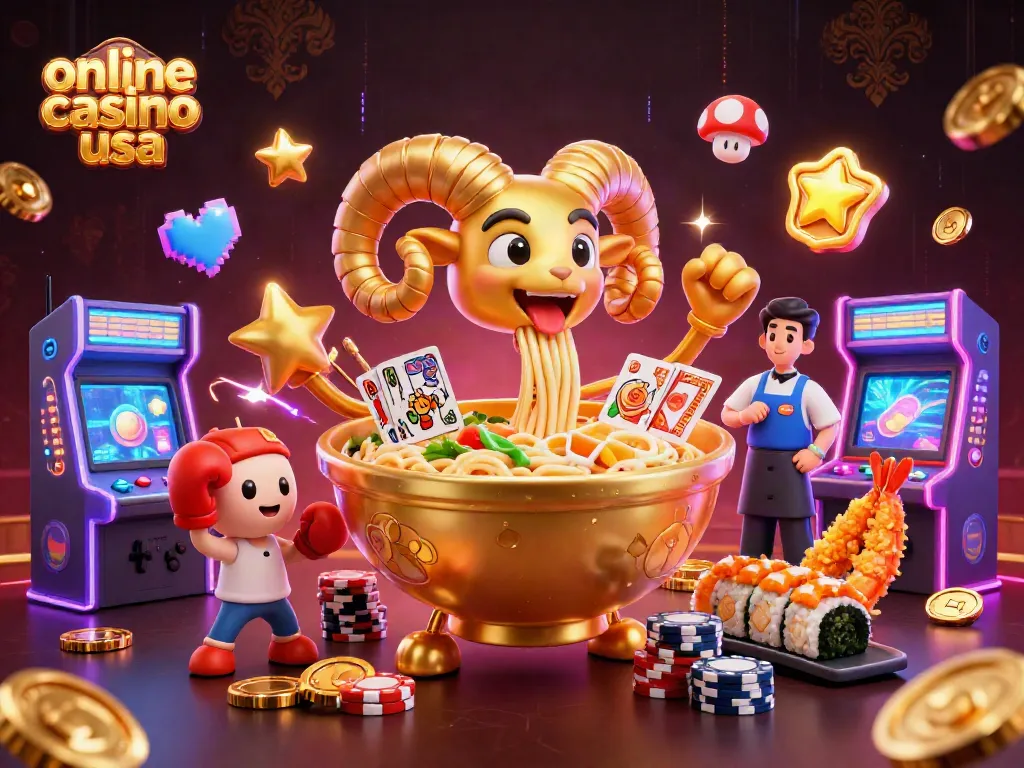 Engage with online casino usa featuring vibrant characters like a ramen bowl dealer amidst glowing arcade machines.