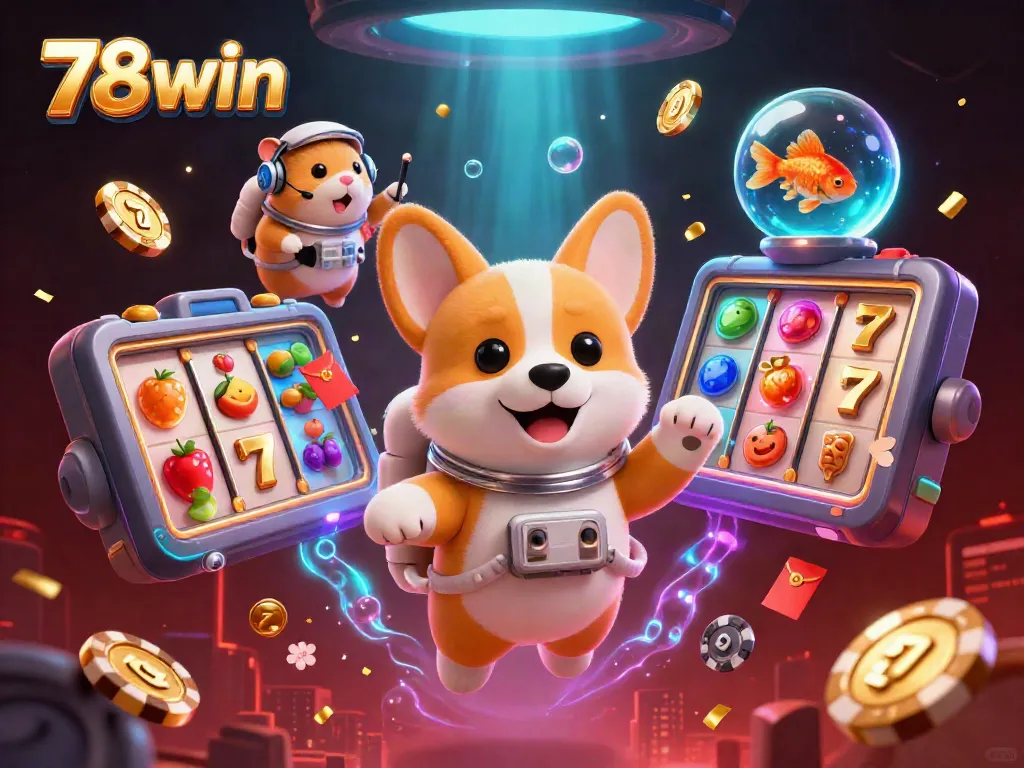 Experience the thrilling atmosphere of 78win with a floating astronaut corgi in a vibrant casino.