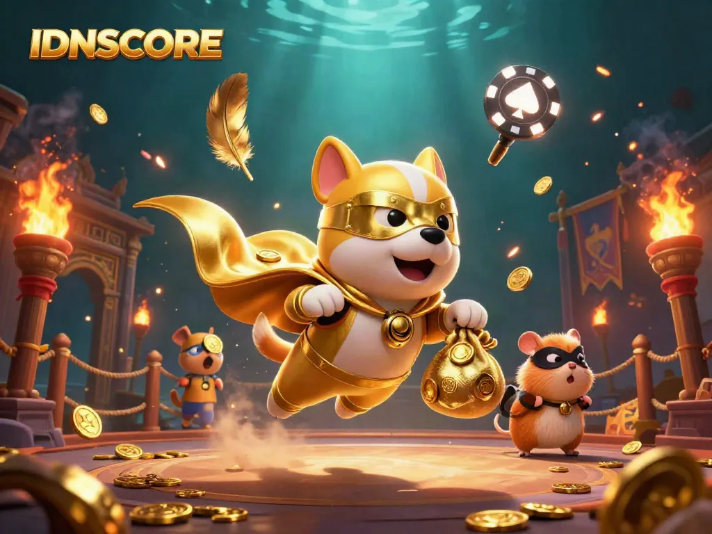 Engage with IDNSCORE in a vibrant 3D illustration featuring characters and dynamic casino elements.