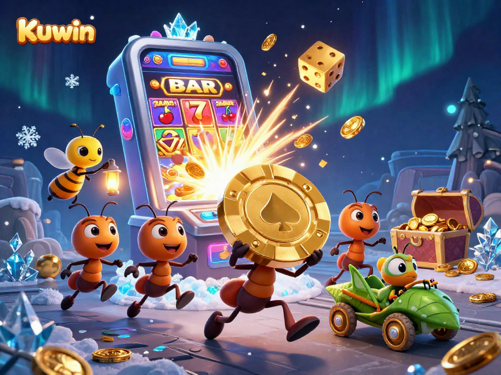Kuwin showcases a dynamic scene with ants heisting a giant poker chip amidst vibrant casino elements, highlighting gaming excitement.