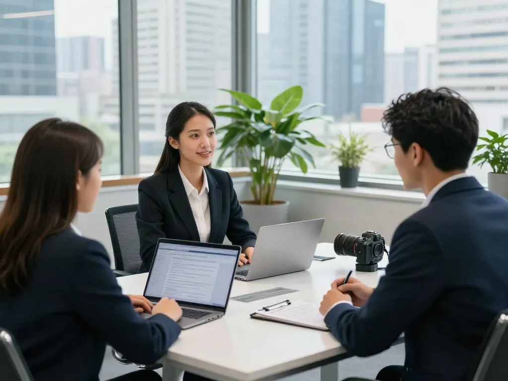 หางาน recruitment scene with HR manager interviewing a candidate in a modern office