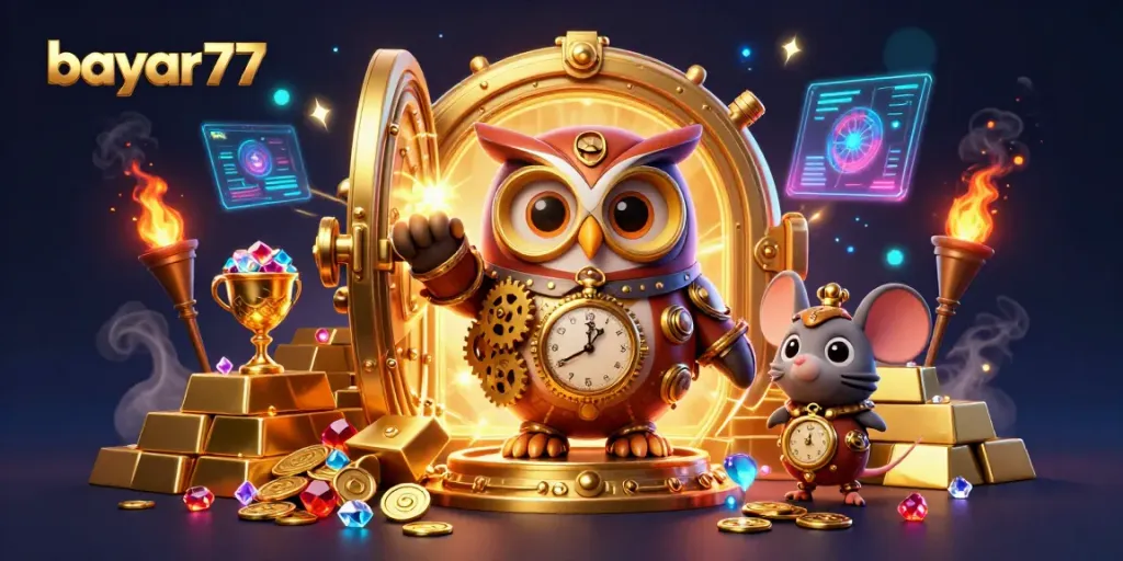 Engage in thrilling gameplay with Bayar77's vibrant 3D casino scene, featuring dynamic characters and treasure.