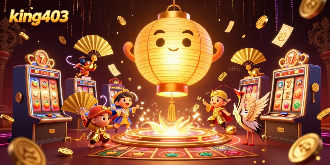 king403 ignites excitement with a glowing lantern spirit above spinning slots and more.
