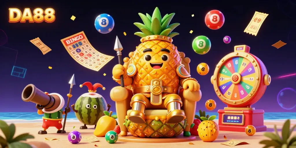Join the fun and excitement at DA88's vibrant beach casino with a golden pineapple king and lively games.