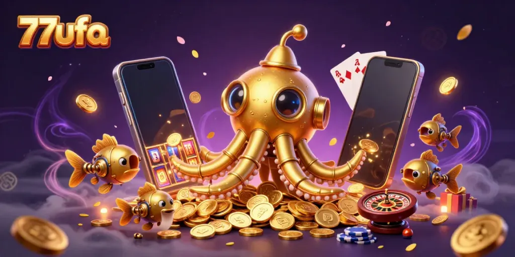 Experience the thrill of 77ufa with a vibrant 3D kraken submarine scene surrounded by casino elements.