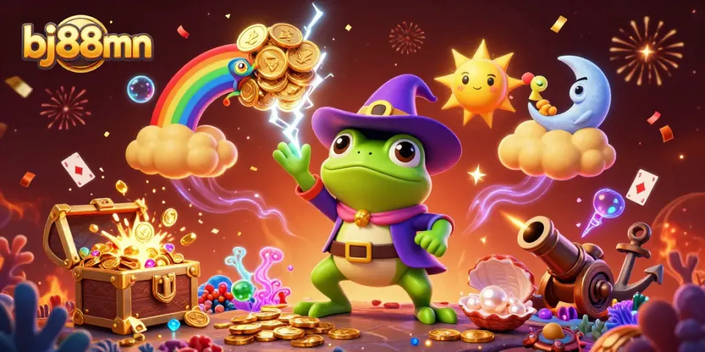Experience the thrill with bj88mn as the weather wizard frog stirs golden coins in a vibrant casino storm.