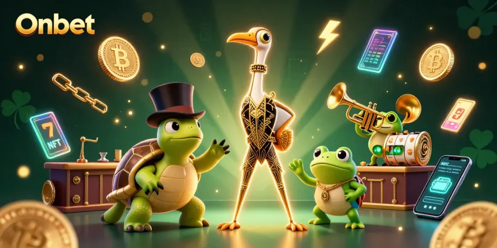 Win big with Onbet at a vibrant casino scene featuring playful characters and crypto elements.