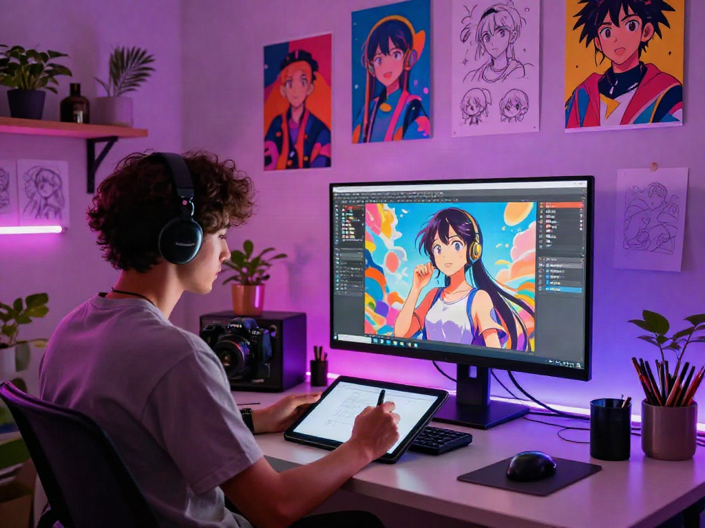 Creative workspace for hentai ai chat, showcasing digital art and anime character design