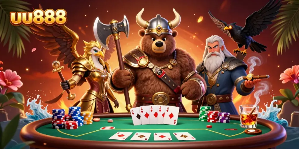 Experience thrilling gameplay with uu888, featuring a Viking bear and Valkyrie eagle amidst a dynamic poker scene