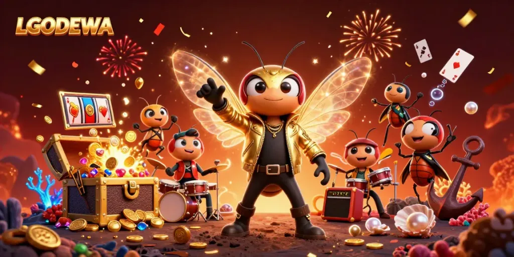 Experience the excitement at LGODEWA with energetic characters amidst slot reels and gold coins.