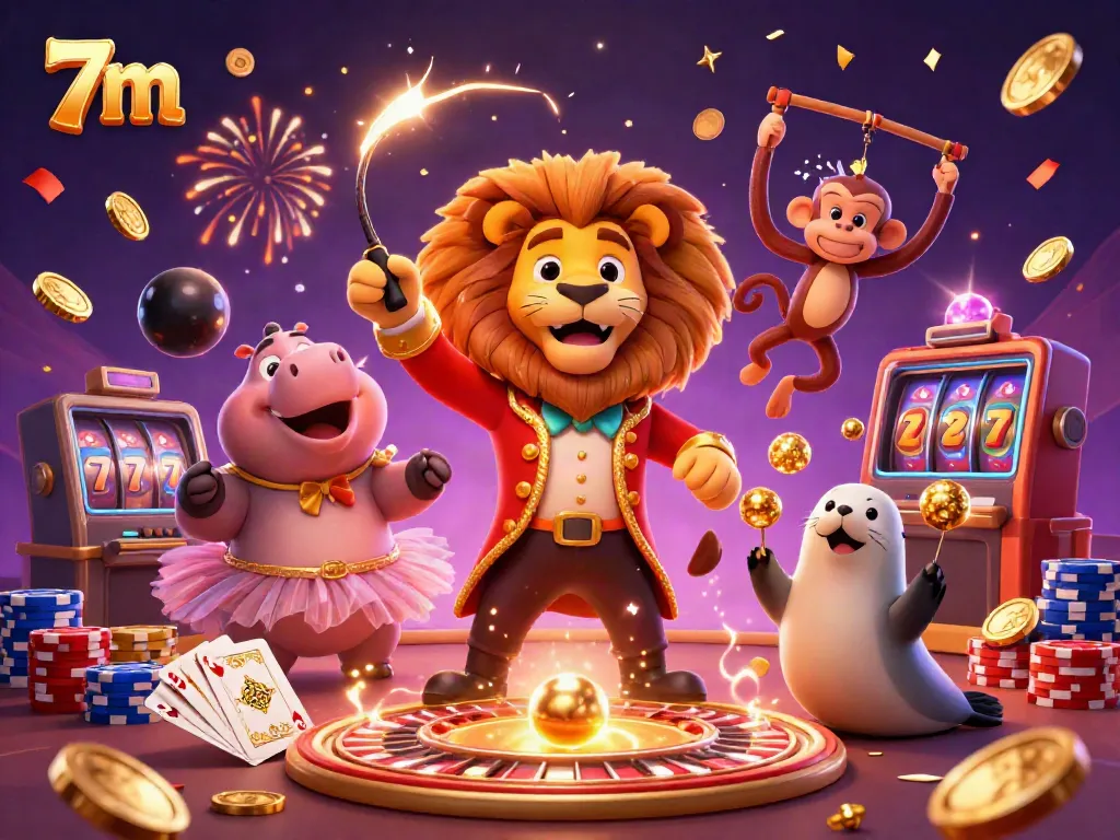 Watch the vibrant 7m scene with lively casino characters surrounded by golden coins and roulette wheel.