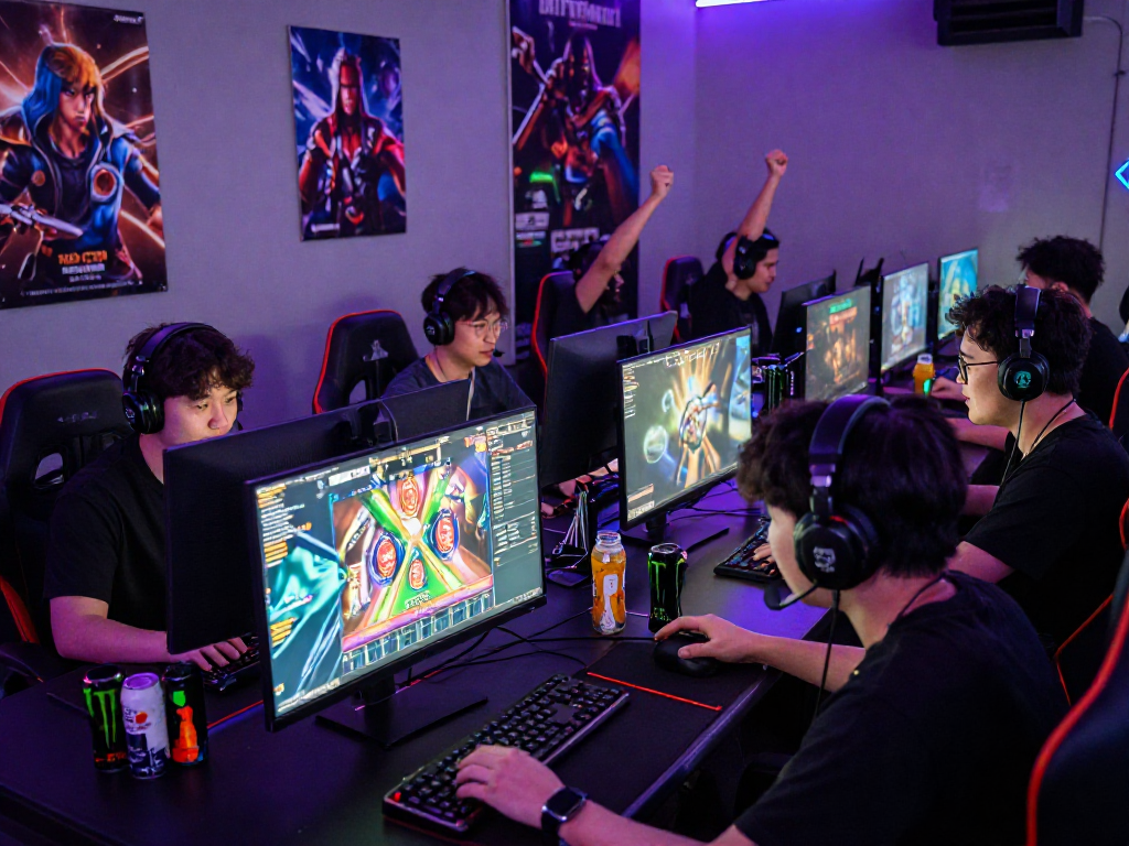 Group of gamers enjoying thrilling slot gacor sessions amidst vibrant RGB lighting, showcasing intense focus and competitive atmosphere.
