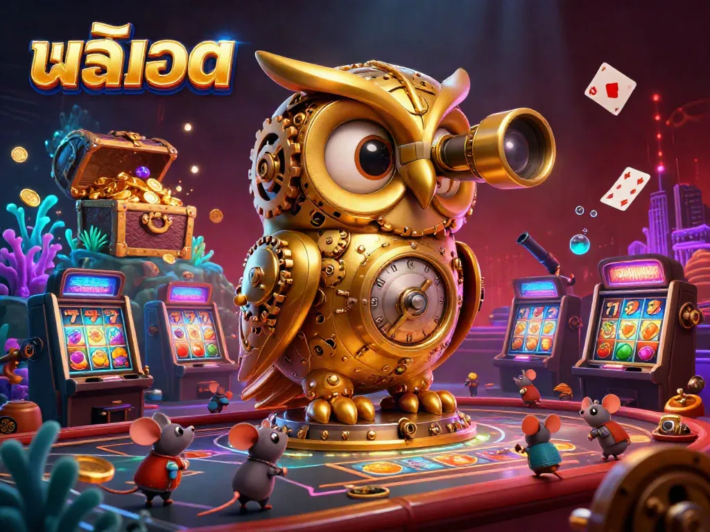 Engage with exciting สล็อต games in a vibrant casino scene depicting golden owls and animated patrons.