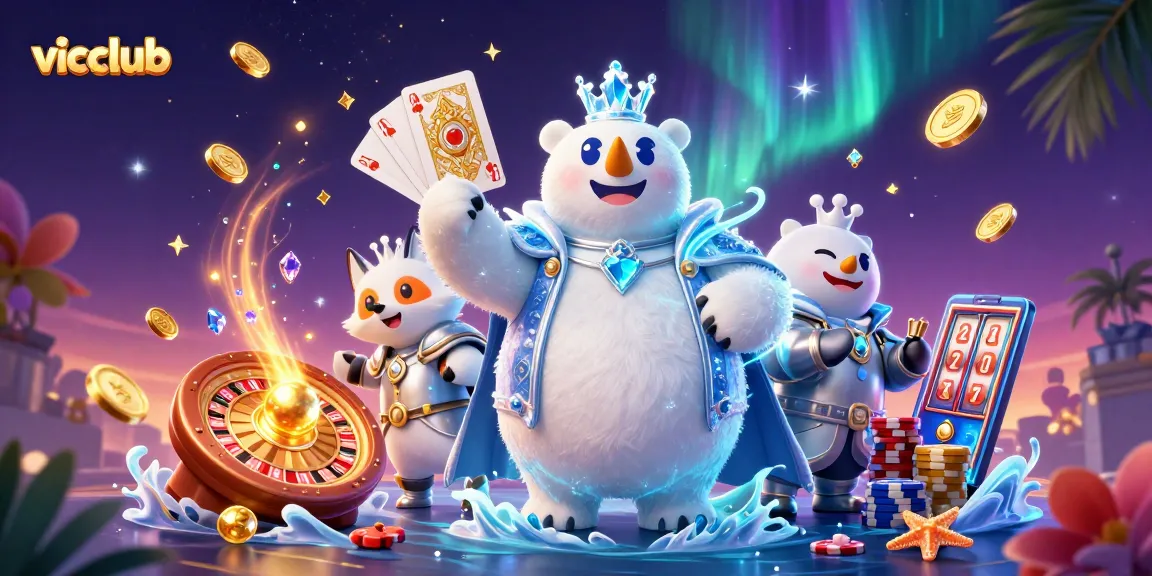 Experience vicclub with the ice king polar bear and snow fox amid sparkling casino treasures.