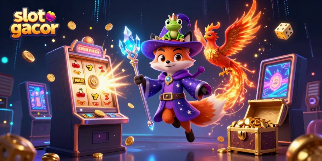 Experience the thrill of slot gacor with a magical 3D illustration of a wizard fox and phoenix amid jackpot excitement.