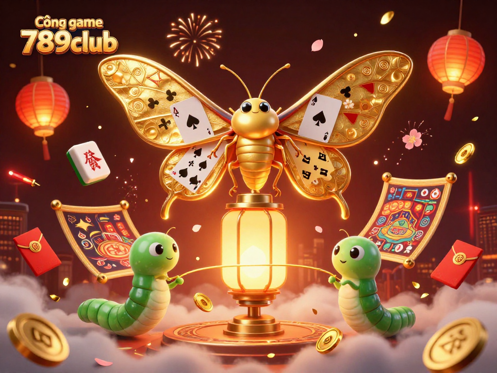Cổng game 789club showcases a vibrant 3D illustration of a casino scene featuring a majestic moth and golden gaming symbols.