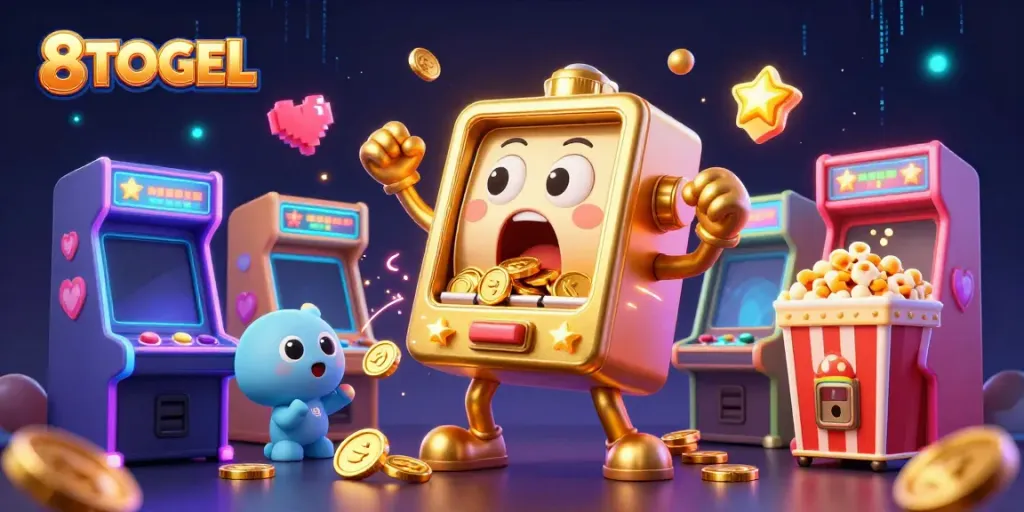 Mesin slot mengeluarkan koin mendebarkan di 8TOGEL dalam ilustrasi penuh warna