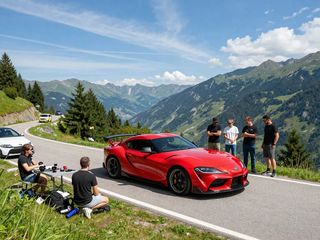 The A80 platform showcased by a vibrant red Toyota Supra on a scenic mountain road, surrounded by car enthusiasts discussing modifications.