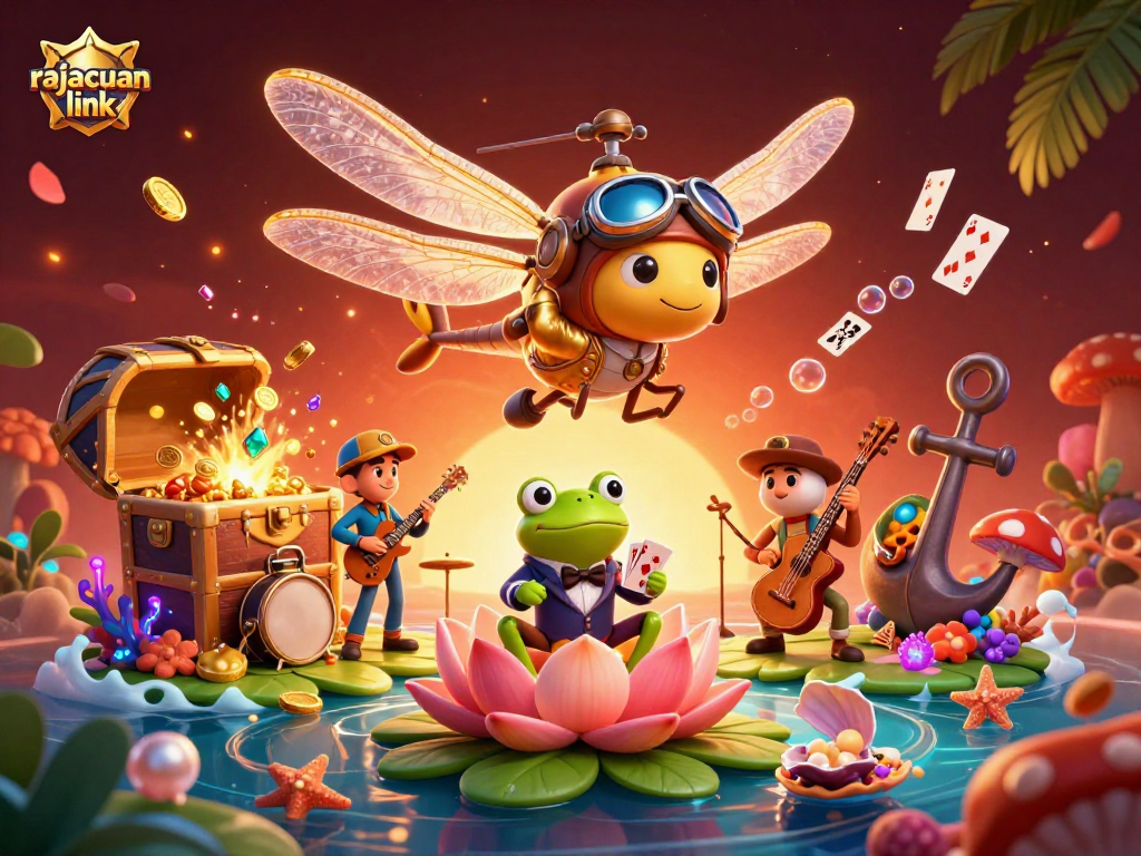 Experience the rajacuan link at a vibrant lily pad casino with dragonfly pilot and frog croupier.