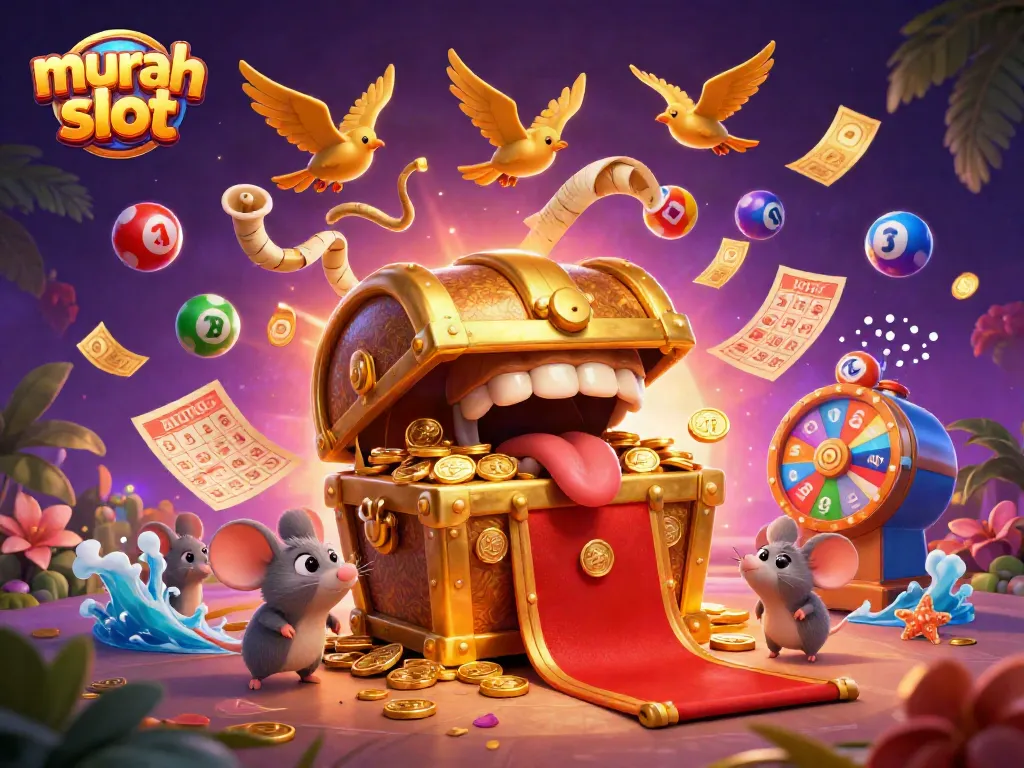Menangkan permainan murah slot dengan simbol keberuntungan dan peti harta karun berkilauan di latar belakang berwarna ungu.