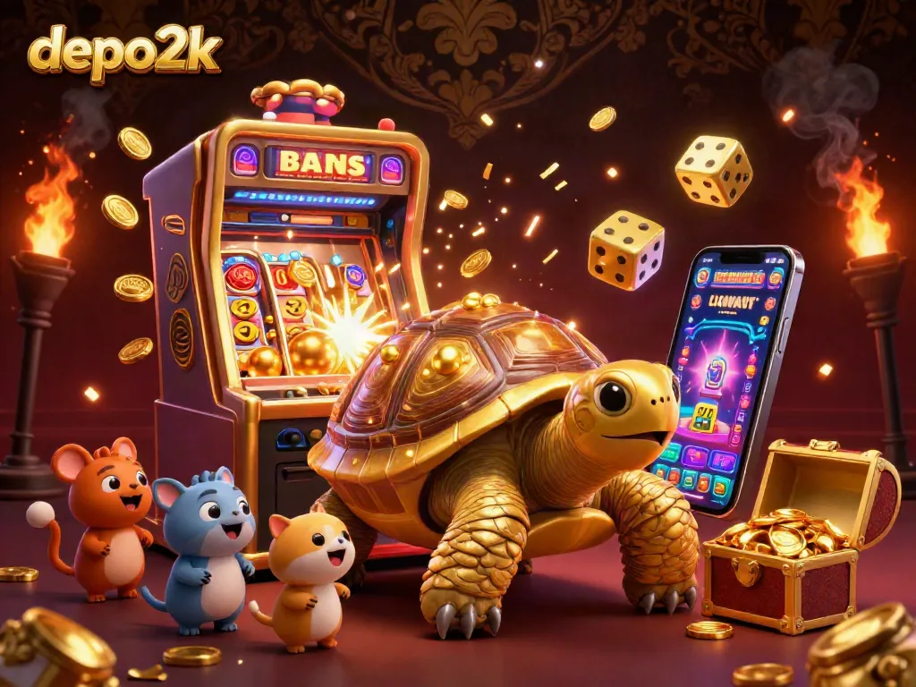 Engage in fun with depo2k at this vibrant 3D illustration of a golden tortoise pinball machine surrounded by animated casino elements.
