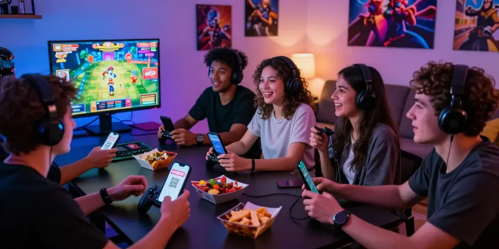 Friends enjoying an online gaming session using slot qris for payments, vibrant atmosphere, and dynamic energy.
