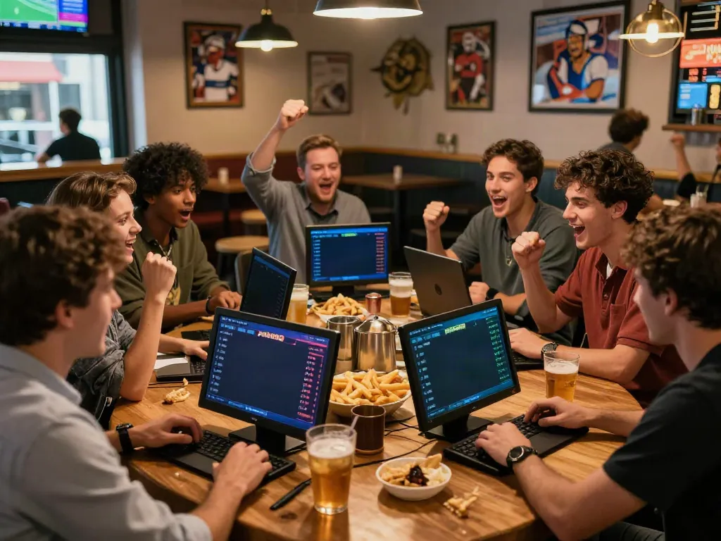 Friends analyzing bets for peh888 during a major sports event in a lively bar.