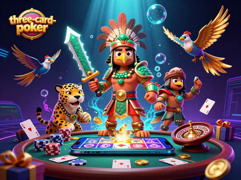 Engage with three-card-poker in an action-packed 3D casino scene filled with vibrant characters and game elements.