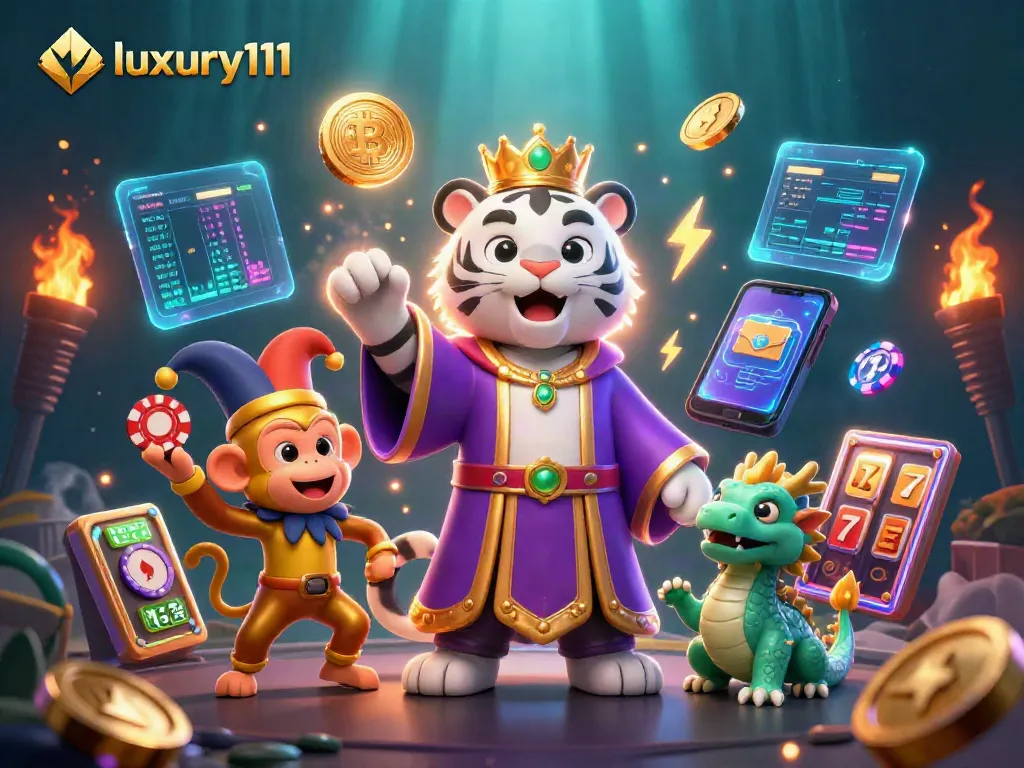 Engage with luxury111 in a vibrant casino scene featuring a white tiger, monkey, and dragon amidst dynamic gaming elements.
