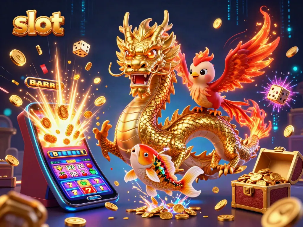 Mainkan slot dalam permainan kasino dengan naga emas, phoenix lucu, dan ikan koi melawan hujan koin.