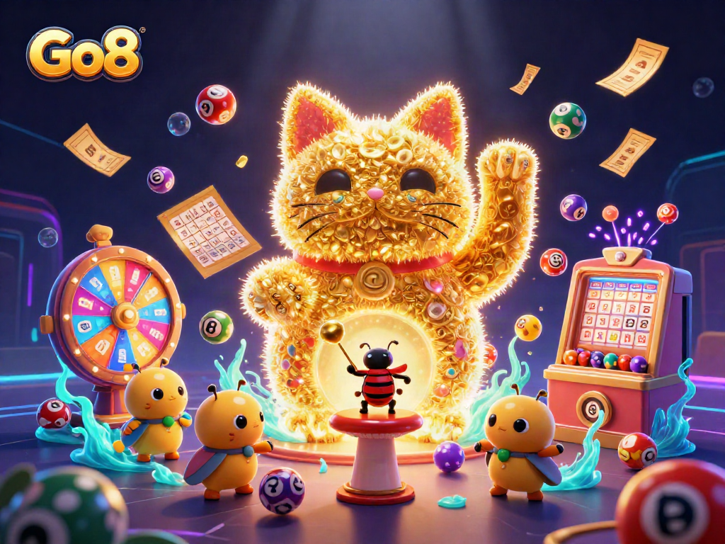 Engage with Go8's vibrant lucky cat illustration filled with casino symbols and dynamic lottery elements.