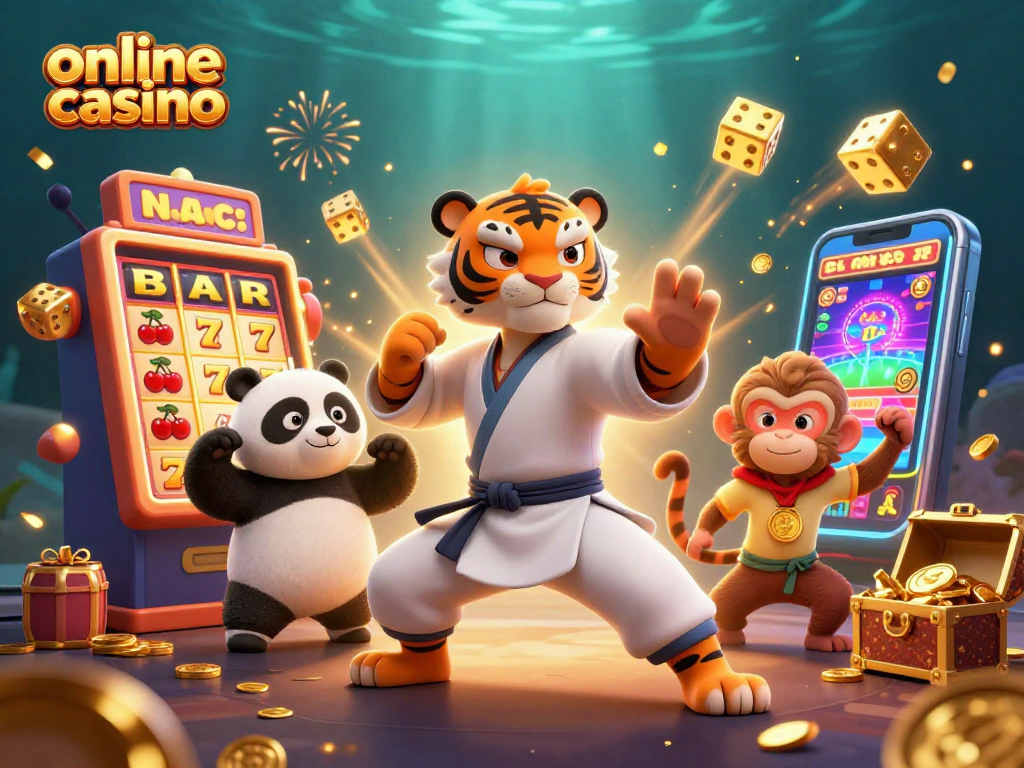 Engage in an exciting online casino experience with a kung fu tiger and friends surrounded by slot elements.