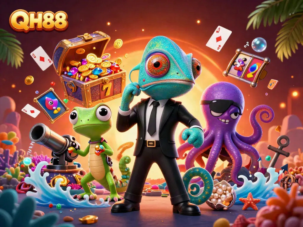 Spin the reels at QH88 with colorful slot machines surrounded by vibrant 3D characters and treasures.