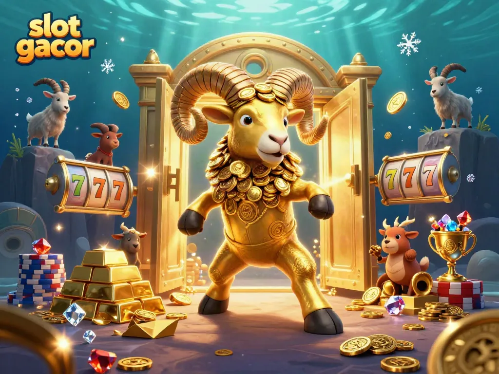 Slot gacor scene with a golden ram and slot elements bursting with treasures.