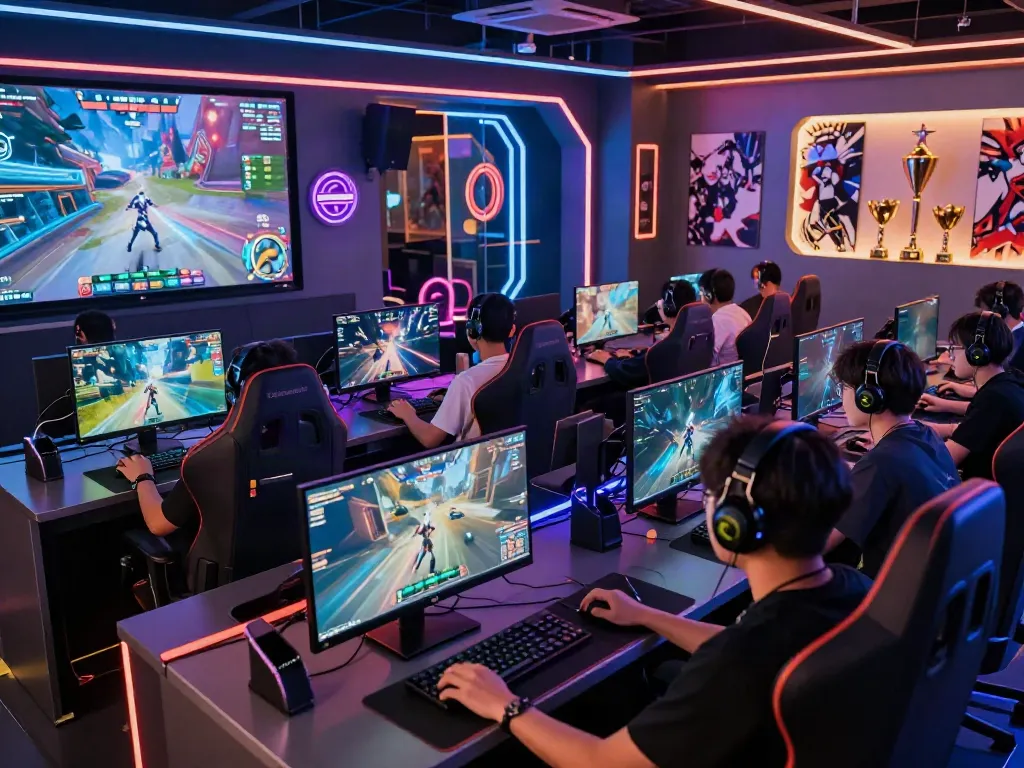 Engaging gamer competition at Luxury111 platform in a vibrant neon-lit arena