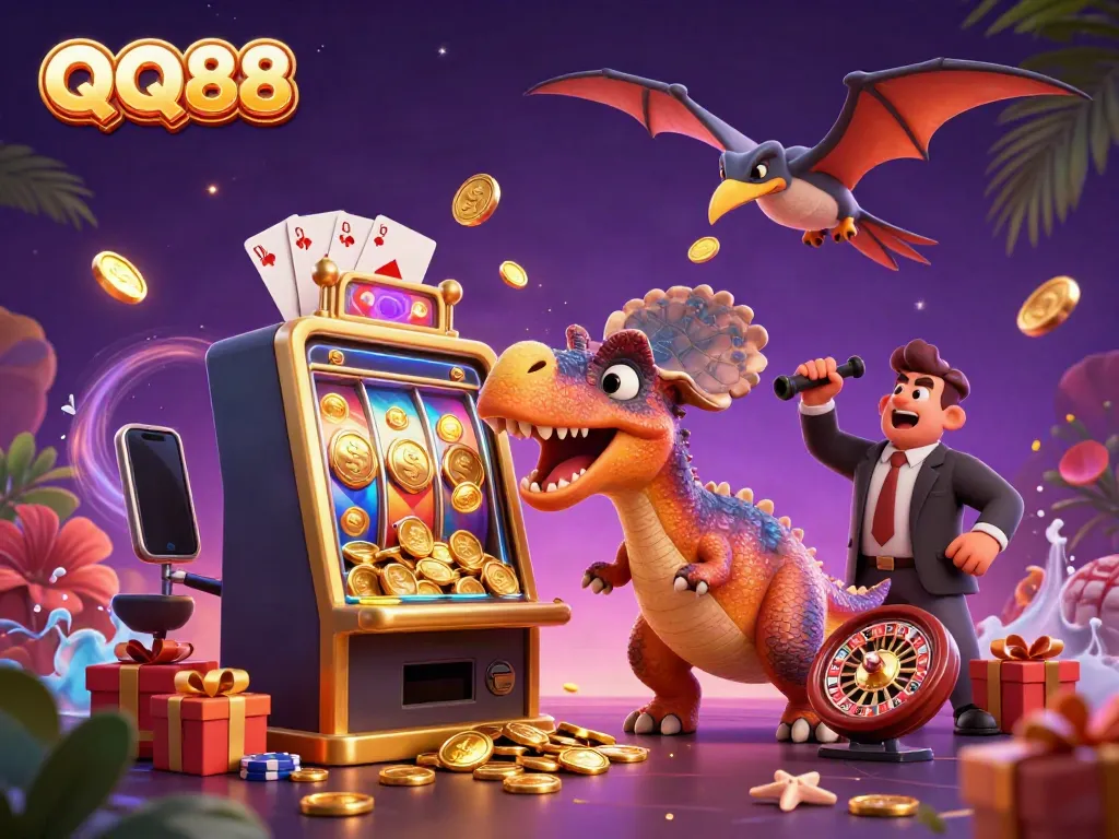 Experience casino excitement with QQ88, 3D pachycephalosaurus winning jackpots, and flying coins.