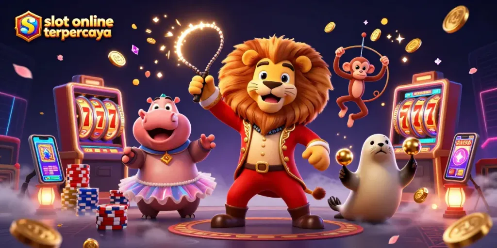 Spin winning reels in style with slot online terpercaya, featuring vibrant circus characters and casino elements.