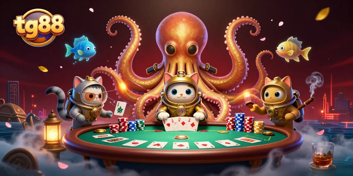 Experience thrilling action at tg88 with a kraken, diving cat, and poker game elements.