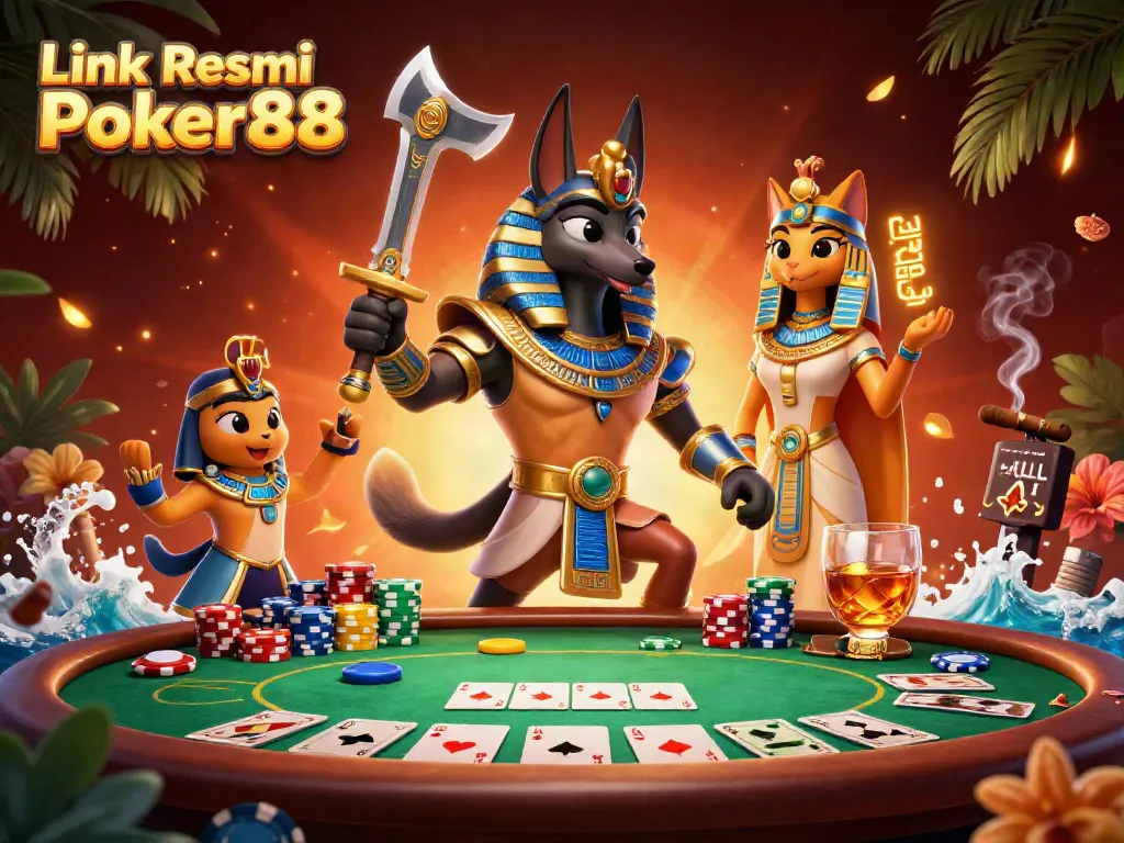 Join the excitement at Link Resmi Poker88 with vibrant poker action featuring Anubis and Bastet in a thrilling scene.
