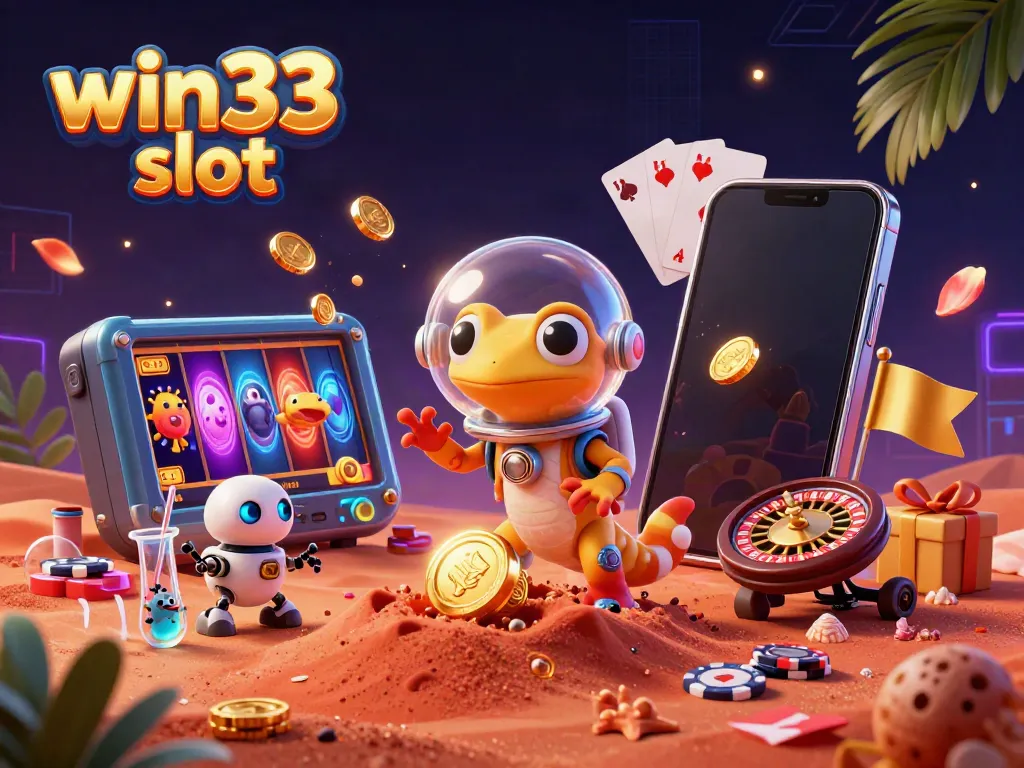Win33 slot features a Martian gecko discovering a golden casino with vibrant slot game elements