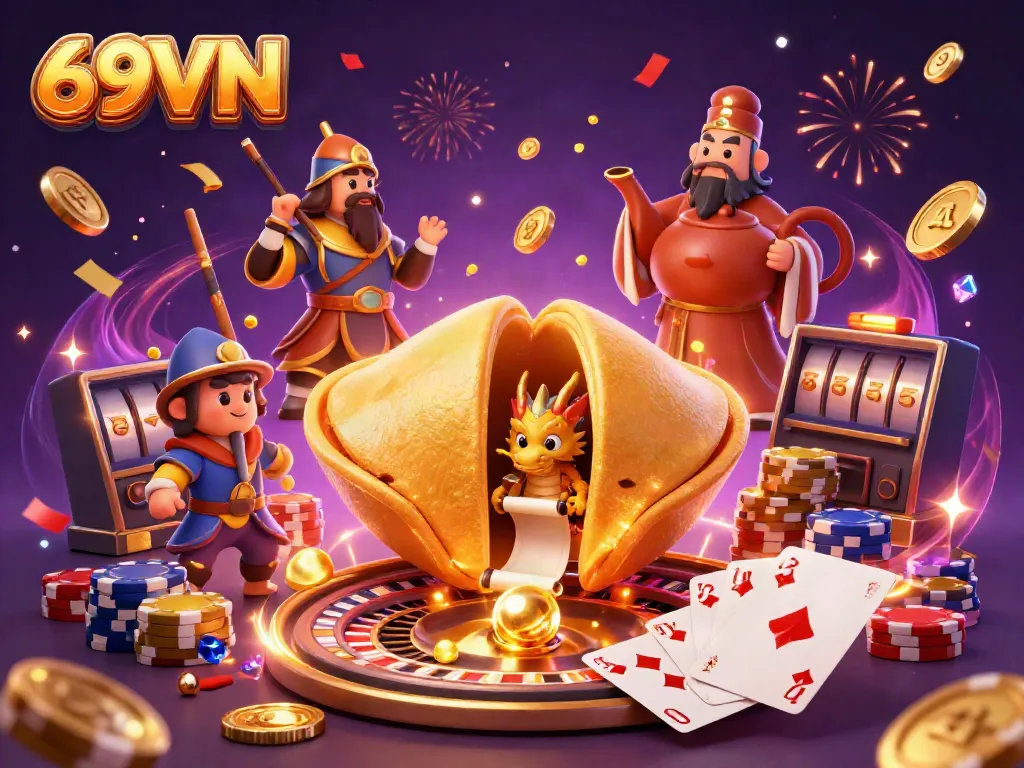 Engage in thrilling gameplay with 69VN's dynamic casino adventure illustration featuring a golden fortune cookie and games.