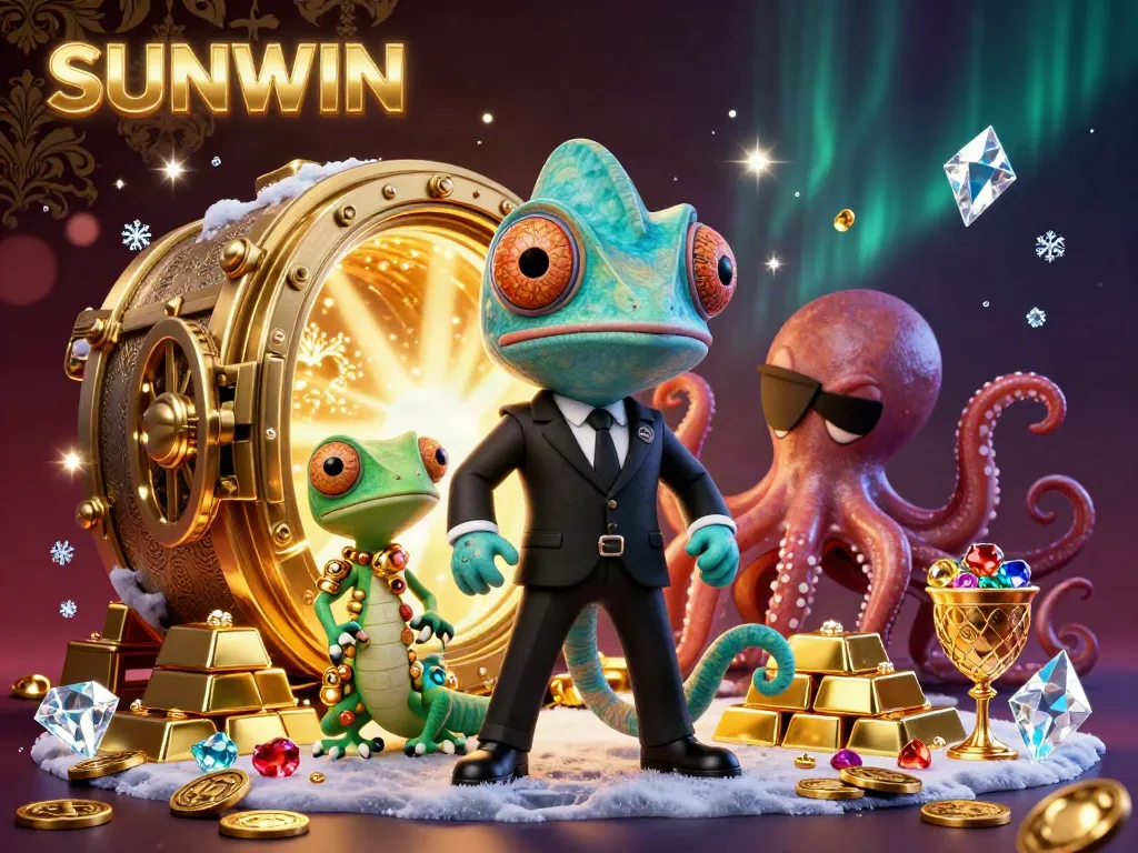 SUNWIN brings vibrant gaming energy with a colorful chameleon, a tech-savvy gecko, and treasure elements.