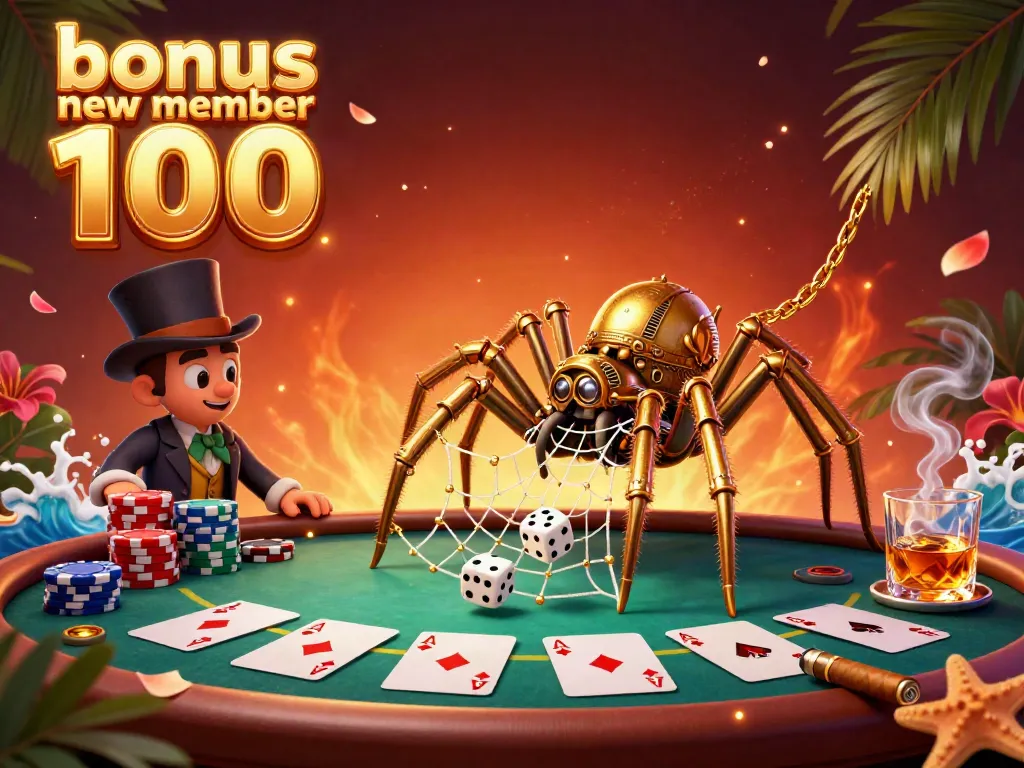 Engage with exciting gameplay through the bonus new member 100 as a steampunk spider weaves a golden web of chance.