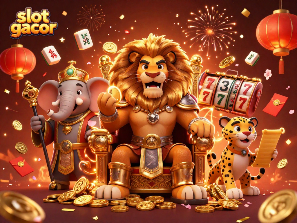 Rasakan keseruan slot gacor dengan raja singa di atas tahta koin emas dan elemen permainan menarik.