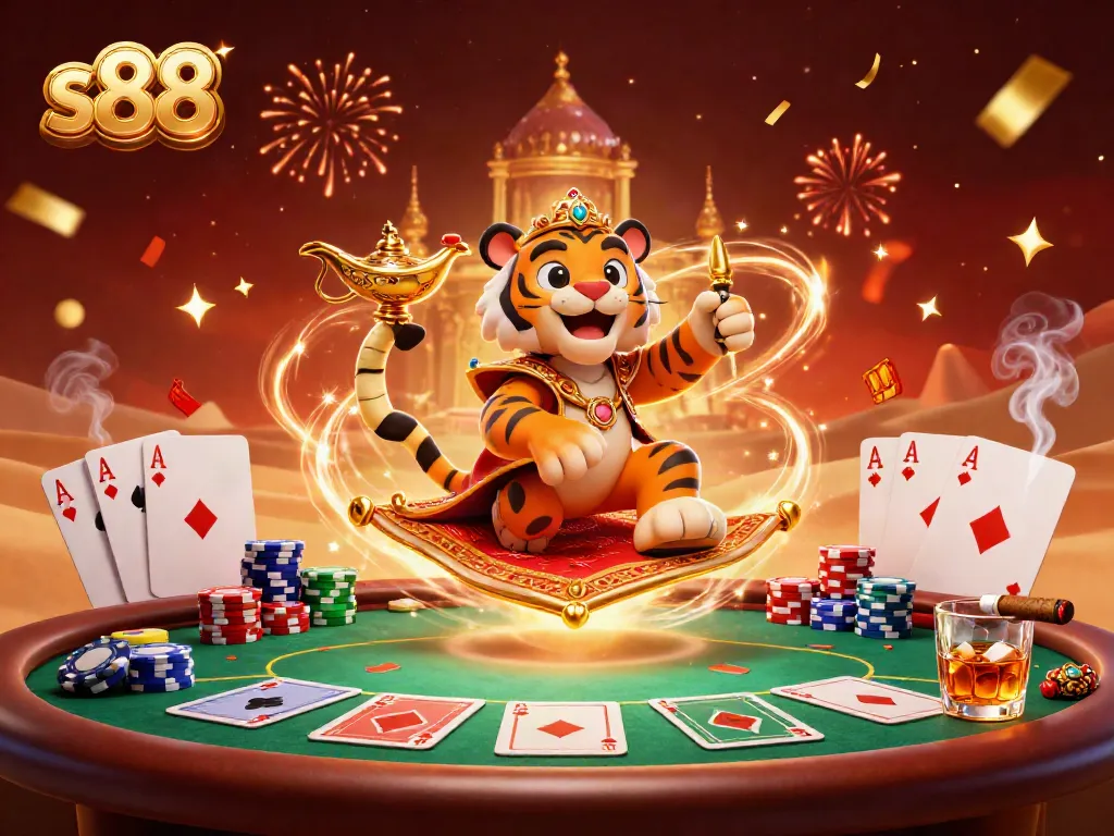 Engage with exciting s88 gameplay featuring a tiger sultan in an Arabian Nights casino scene.